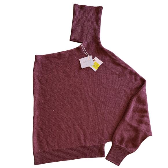 NWT Brunello Cucinelli Cashmere-Silk Sequined One-Shoulder Sweater Burgundy Sz M - Picture 1 of 6
